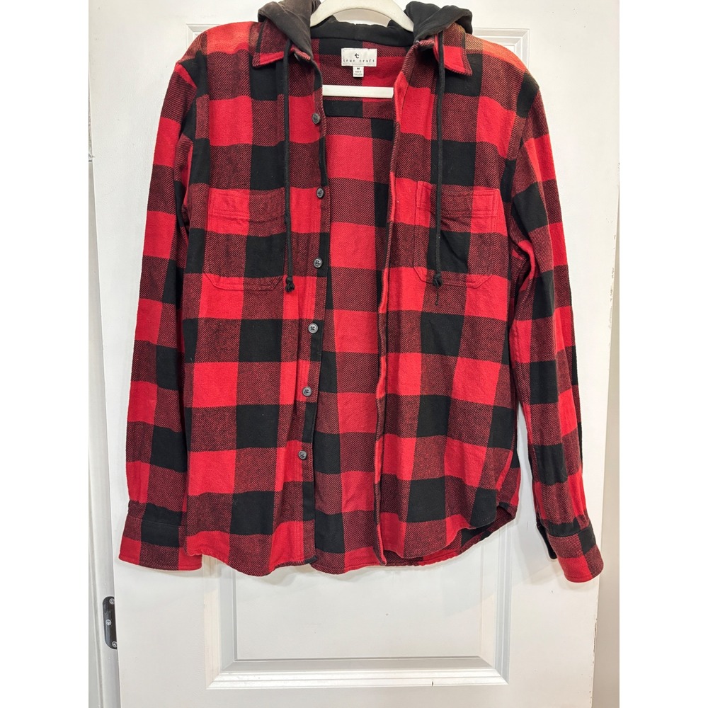 True Craft Mens Red Black Buffalo Plaid Hooded Flannel Shirt Size M Long Sleeve
